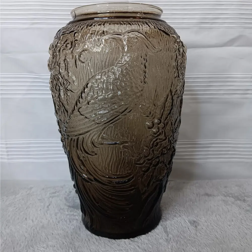 Indiana Glass Smoky Brown Embossed Glass Vase